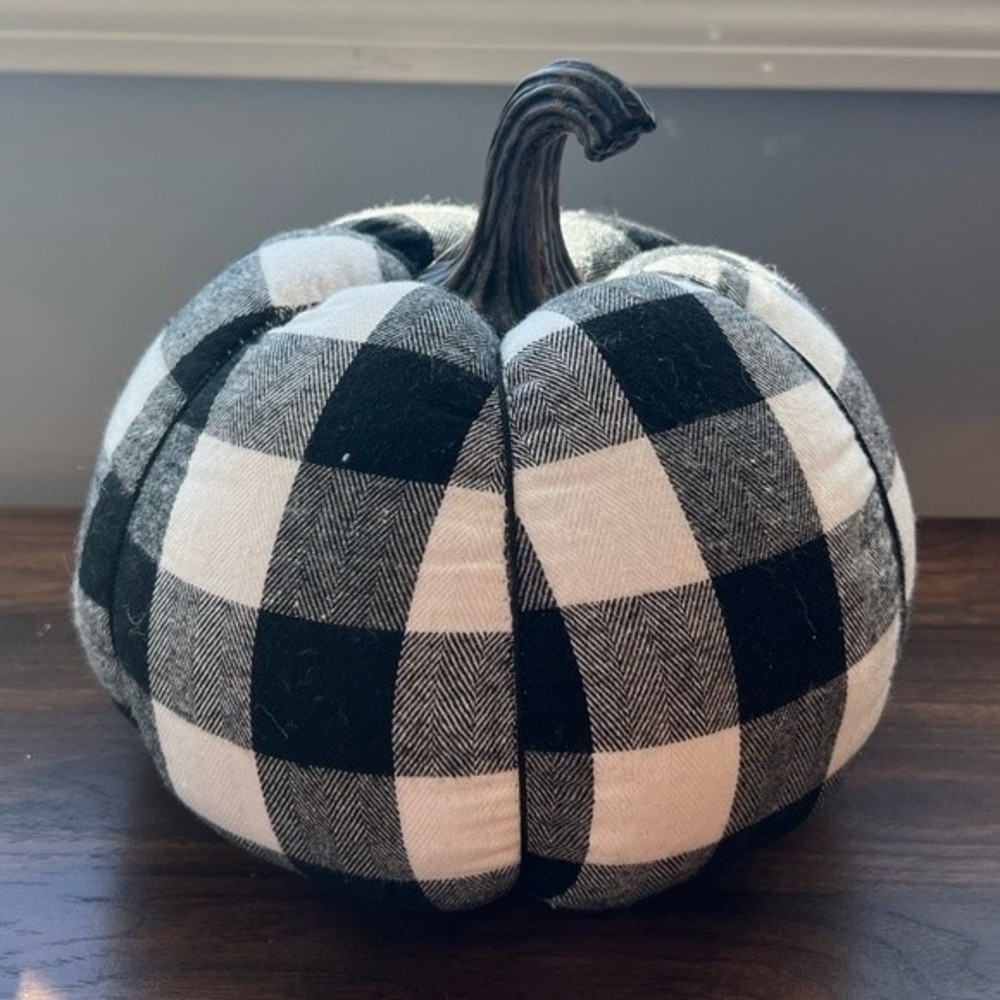 9” x 8” Plaid Black and White Plush Pumpkin Decor